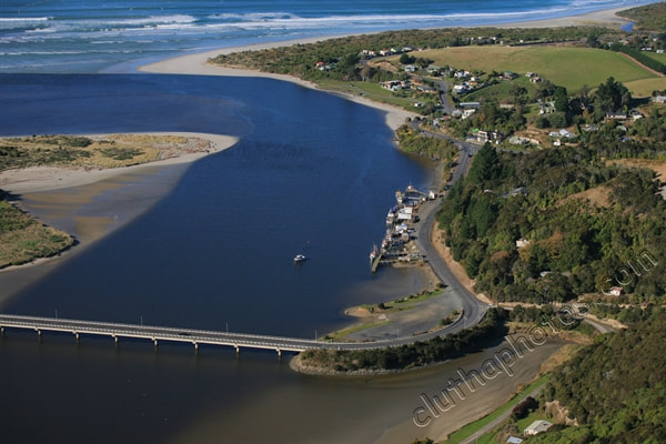 Photo, photograph, image, aerial, Taieri Mouth, South Otago, Clutha District, coastal Otago, township, village, fishing boats, estuary, bridge